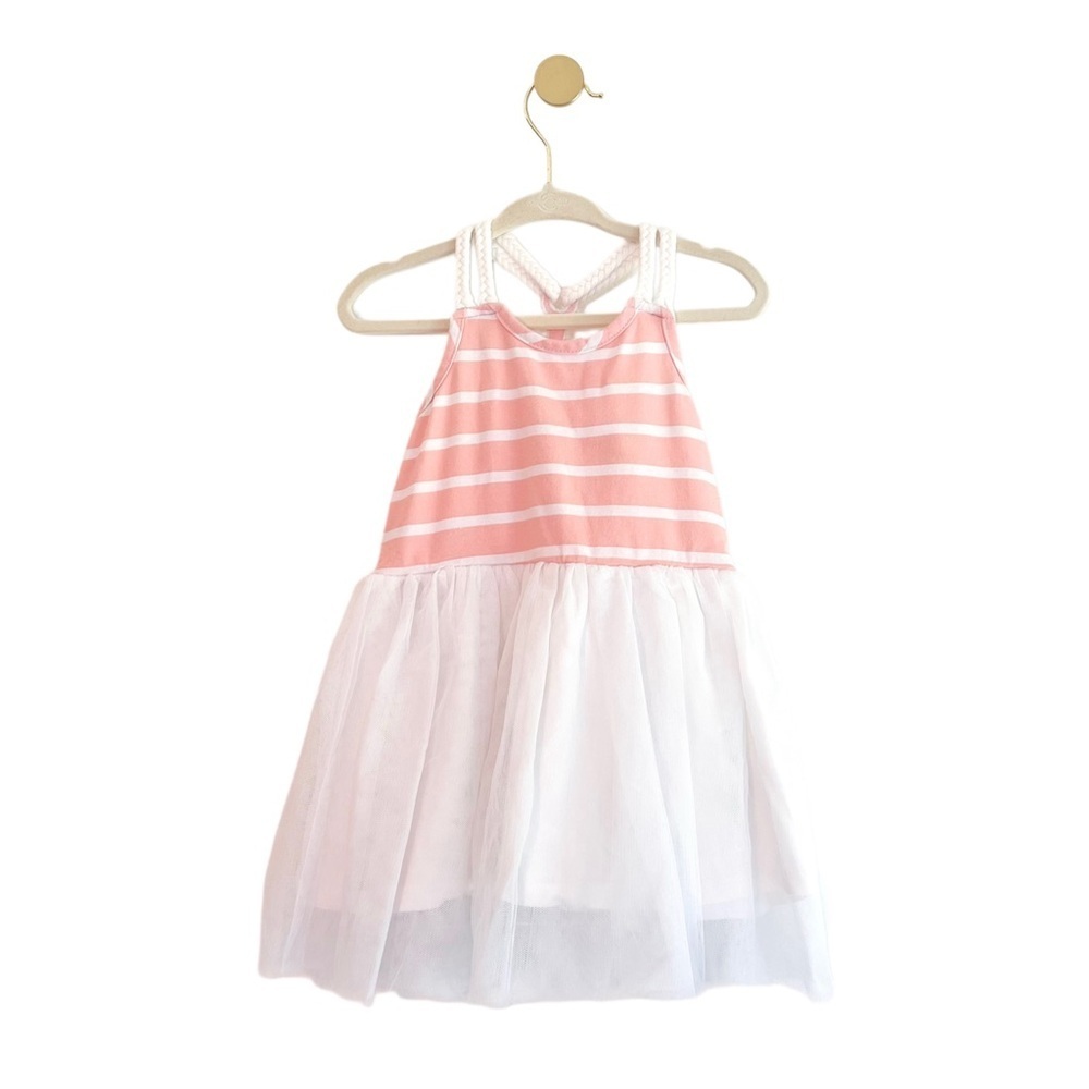 Nautical Pink & White Stripe Dress with Tulle Skirt & Anchor Detail | Girls 2T - Picture 2 of 5